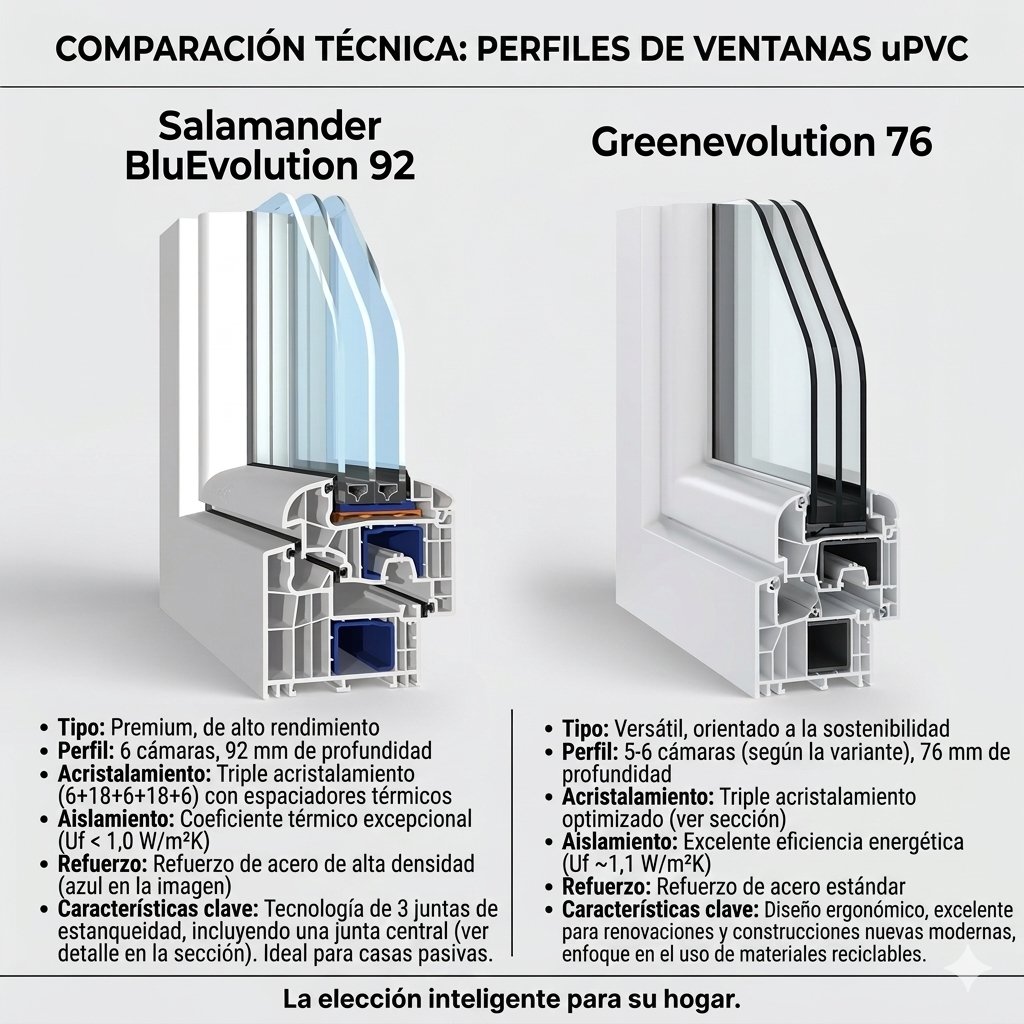 Guía: BluEvolution 92 vs GreenEvolution 76 — ¿Qué perfil PVC Salamander elegir?